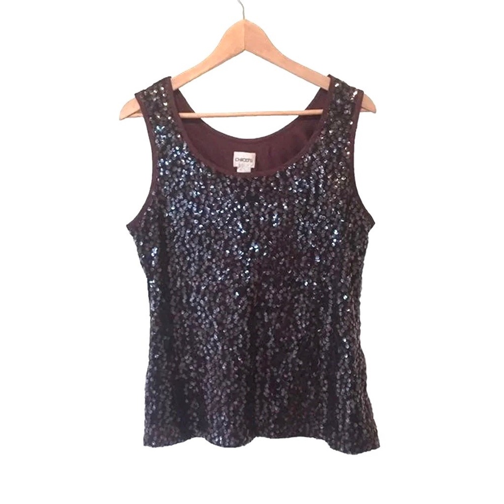 Chico's Sequined Top 0 S Small Dark Brown Paillette Sequin Satin Going Out Party